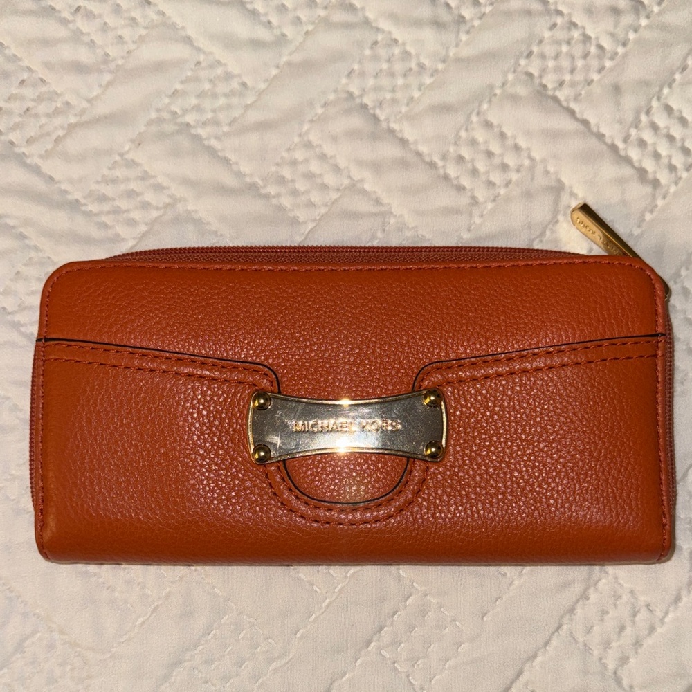 Michael Kors Orange Pebbled Leather Zip Wallet with Gold Accent